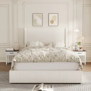 Modern Upholstered Platform Bed Frame King Size With Storage Drawers Corduroy Tufted Wingback Headboard Footboard Wooden Slats Noise Free No Box Spring Beige