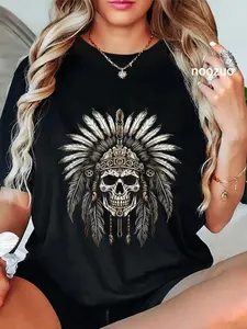 100% Cotton Unisex Native American Chief Skull Indian Headdress T-Shirt