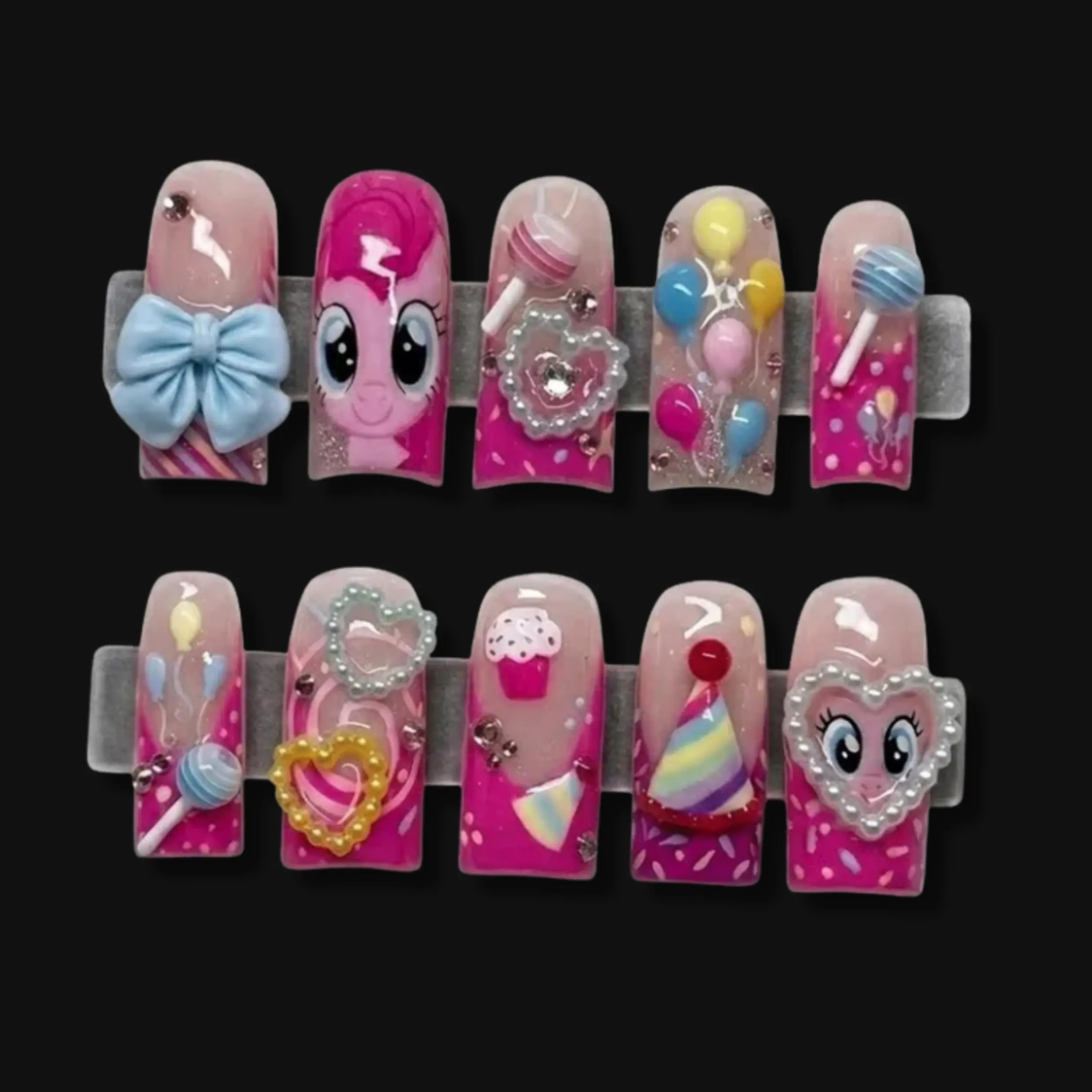 Handmade Pinkie Pie Press On Nails, 3D My Little Pony Cartoon Art, Kawaii Pink Aesthetic, Sweet Birthday Party Candy Nails