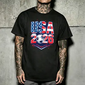 Men’s T-shirt with a soccer theme print, featuring a red, white, and blue color scheme and soccer elements—trendy and eye‑catching, with a loose, versatile fit that suits fans for everyday wear and cheering at games, showcasing an energetic style.