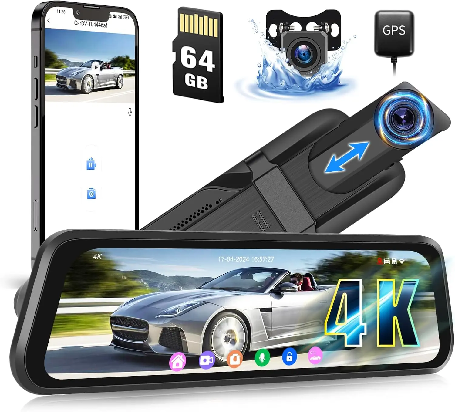 4K Mirror Camera 9.66" IPS Dash Cam Front and Rear for Car with 64GB Card, Touch Screen Dashcam with Backup Camera,Night Vision, G-Sensor, WiFi, GPS, BSD, LCA, DVR,SummerVibes