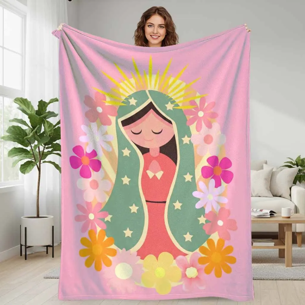 Virgin Mary flannel blanket colorful floral print soft warm lightweight cozy versatile for bedroom living room sofa lounge decor gift