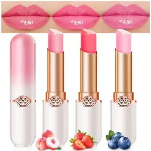 Peach Color Changing Lipstick,Moisturizer Long Lasting Lip Care Lip Balm Magic Lip Gloss Lip Tint Stain Gloss Set for Women (3 pcs Peach + Strawberry + Blueberry Lipstick)
