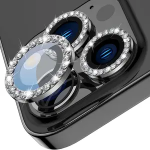 1 Set Black Camera Lens Protector Shining For iPhone 16 15 14 13 12 11 Pro Max Plus Mini Protective Tempered Glass Screen Protector With Diamond Metal Personal Ring