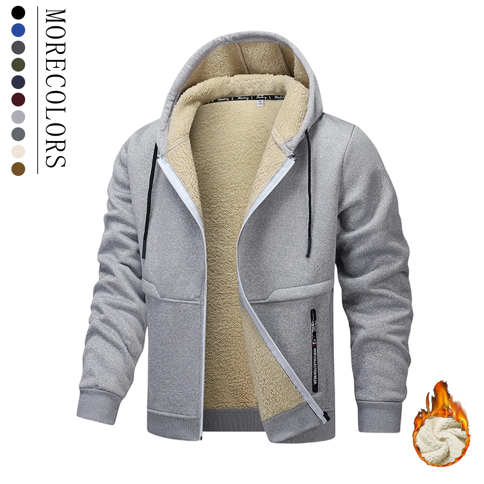 Men’s Autumn/Winter Fleece Hooded Sweatshirt Jacket — fleece-lined, thickened, loose cardigan style with zipper for warmth