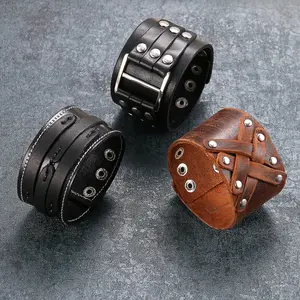 OIDEA Punk Rivet Genuine Leather Wide Cuff Bracelet, Rock Big Buckle Wristband Bangle Black Brown Unisex