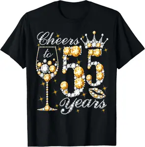100% Cotton Cheers To 55 Years Old Happy 55th Birthday Queen Drink Wine T-Shirt