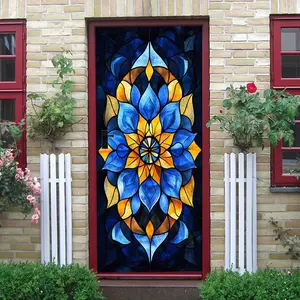 2pcs European Retro Church Stained Glass Style Decorative Wall Stickers Stereo Self Adhesive Waterproof Door Stickers Living Room Corridor Background Wall Decals Colorful Art Pattern Window Stickers Remo