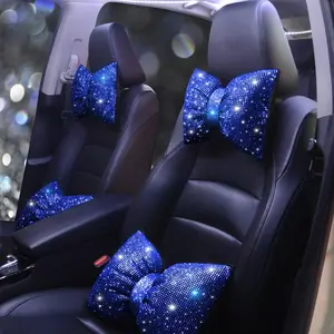 Automotive Headrest Cushion Colorful Bowknot  Headrest Pillow Bling Bling Rhinestones and  Support Black Bling Auto Accessories Driver  Support Blue 2 count