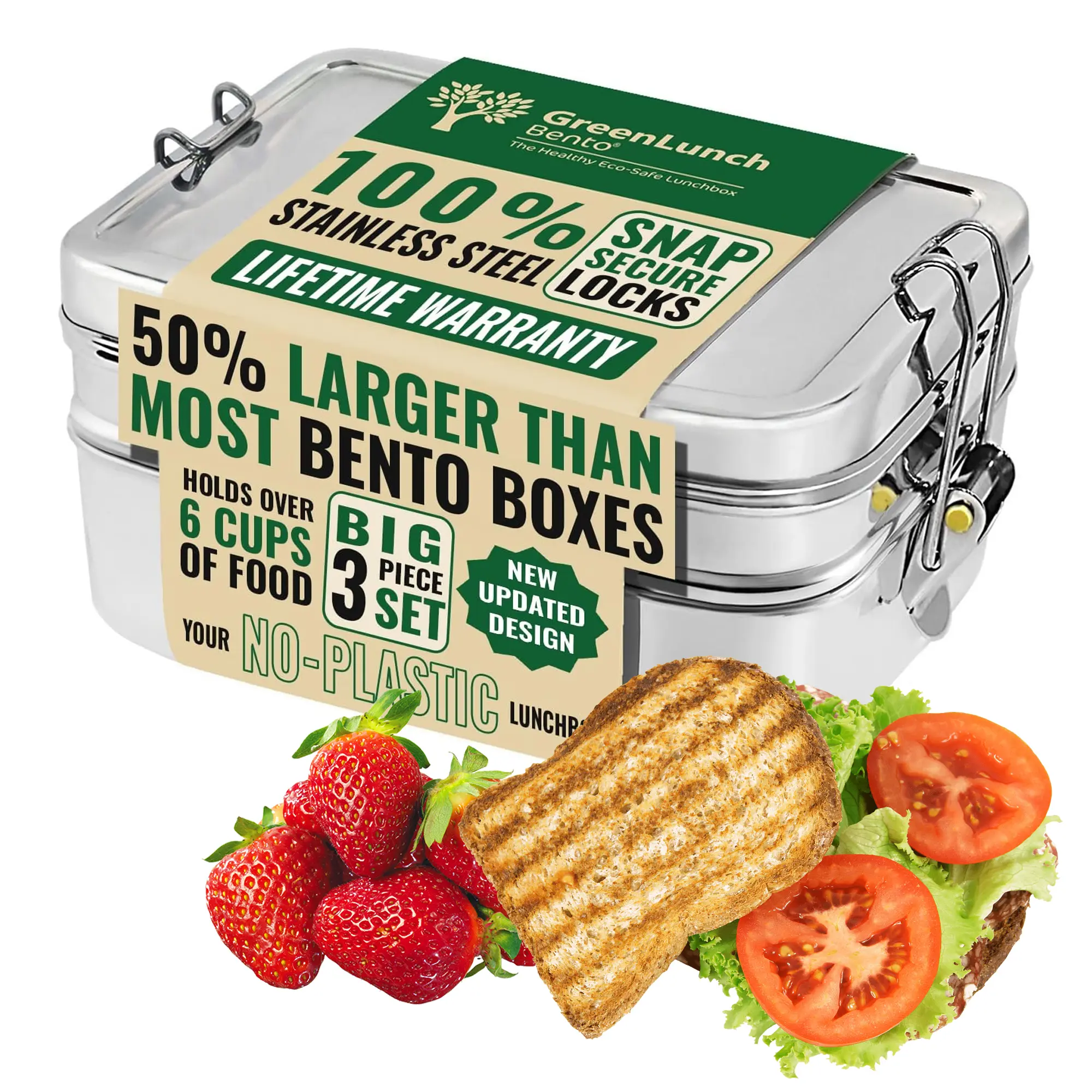 GreenLunch Bento Stainless Steel Bento Lunchbox 100% Crack Resistant 6-Cup Insulated BPA-Free Stackable Food Container for Kids & Adults 1000-2000ml Eco-Friendly Tableware