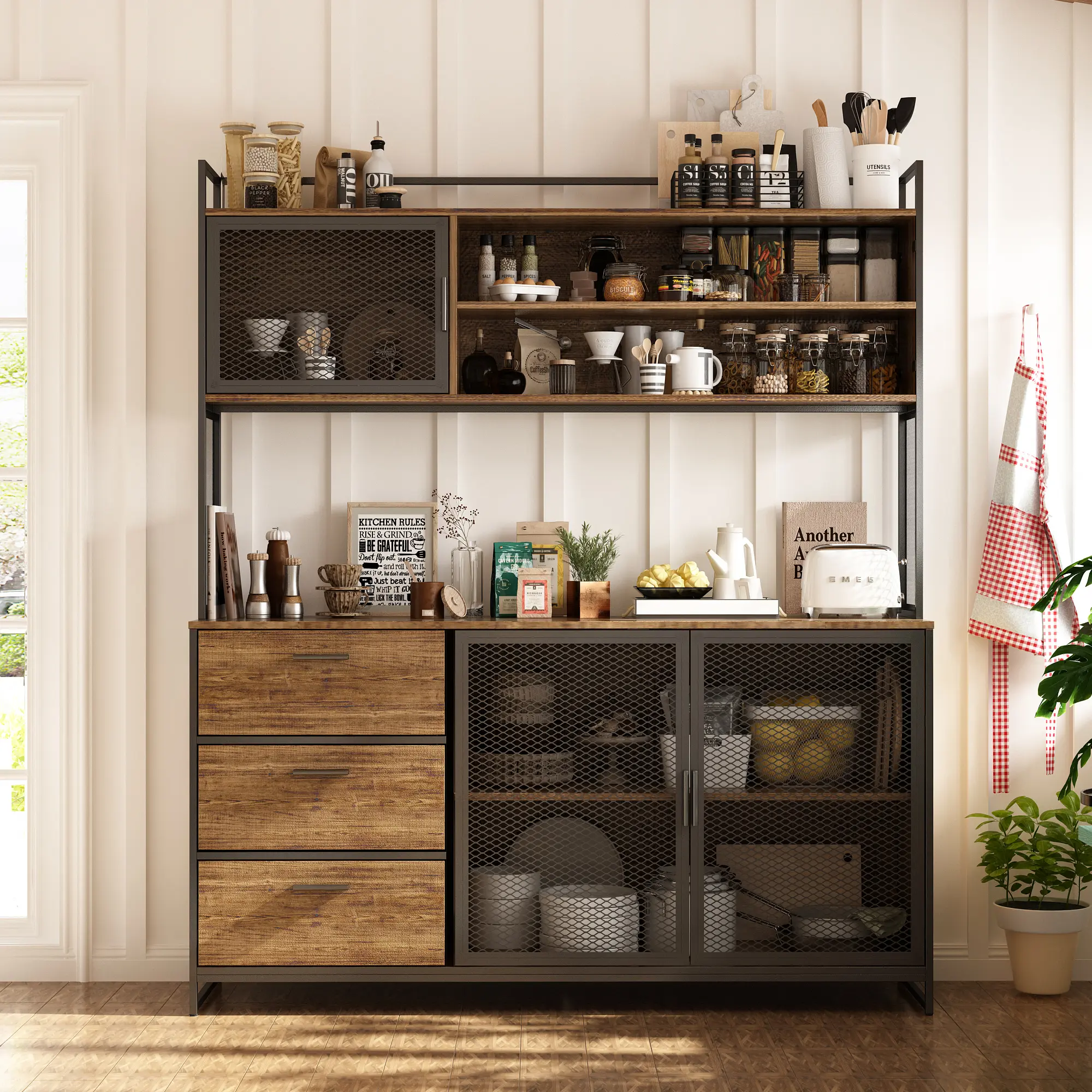 FUFU&GAGA Aesthetic Kitchen Hutch Storage Cabinet with Drawers, Iron Doors and Metal Frame, Deep Walnut Kitchen Pantry Buffet Cabinet for Hallway