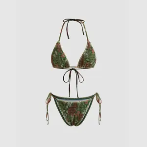 Cider Halter Neckline Shirred Floral Triangle Tie Side Bikini Set