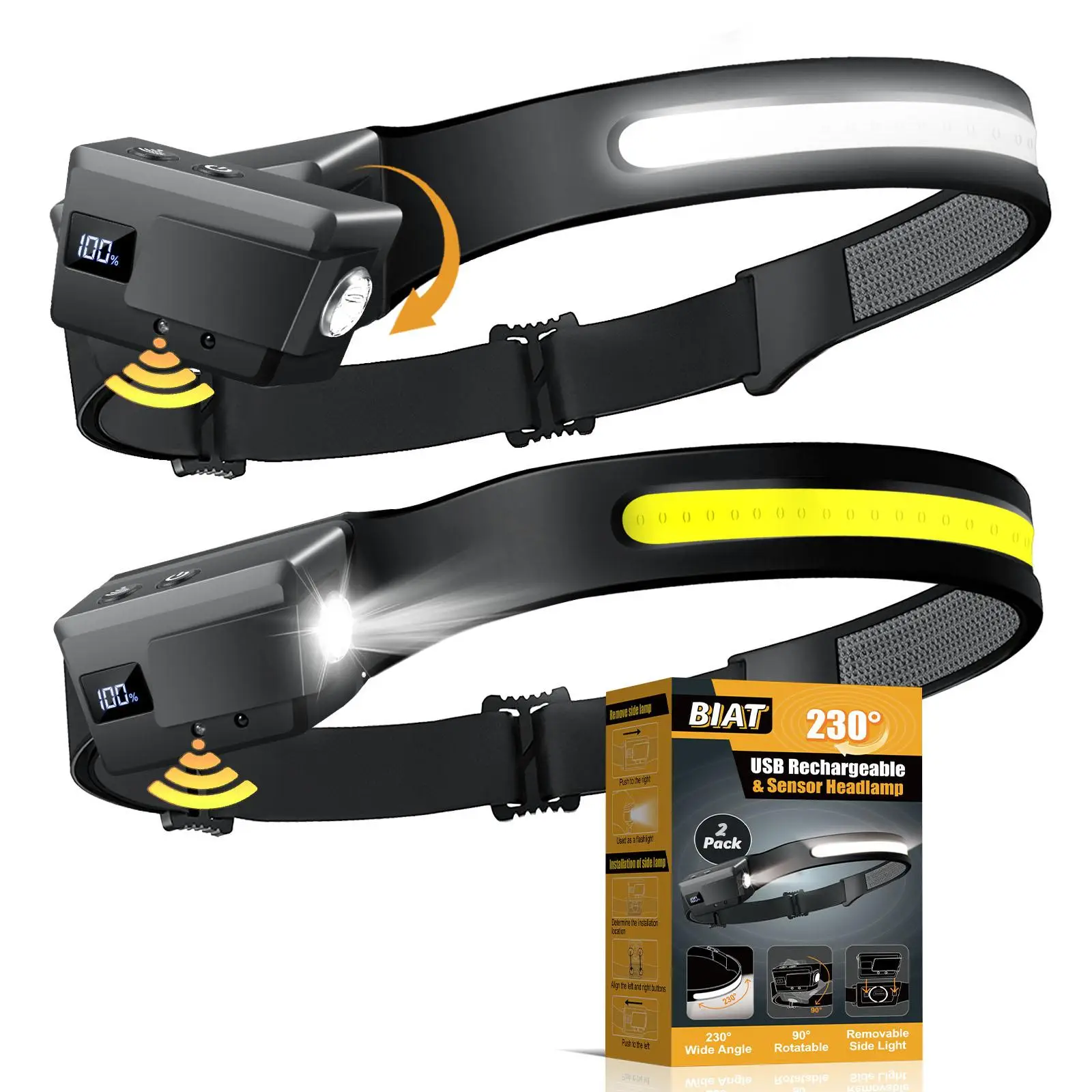 Portable Rechargeable LED Headlamp, 1/2/3 Counts 230°Wide Beam Headlight with Motion Sensor, 90°Rotation & Removable Head Lights, 5 Mode HeadLamp, Chr