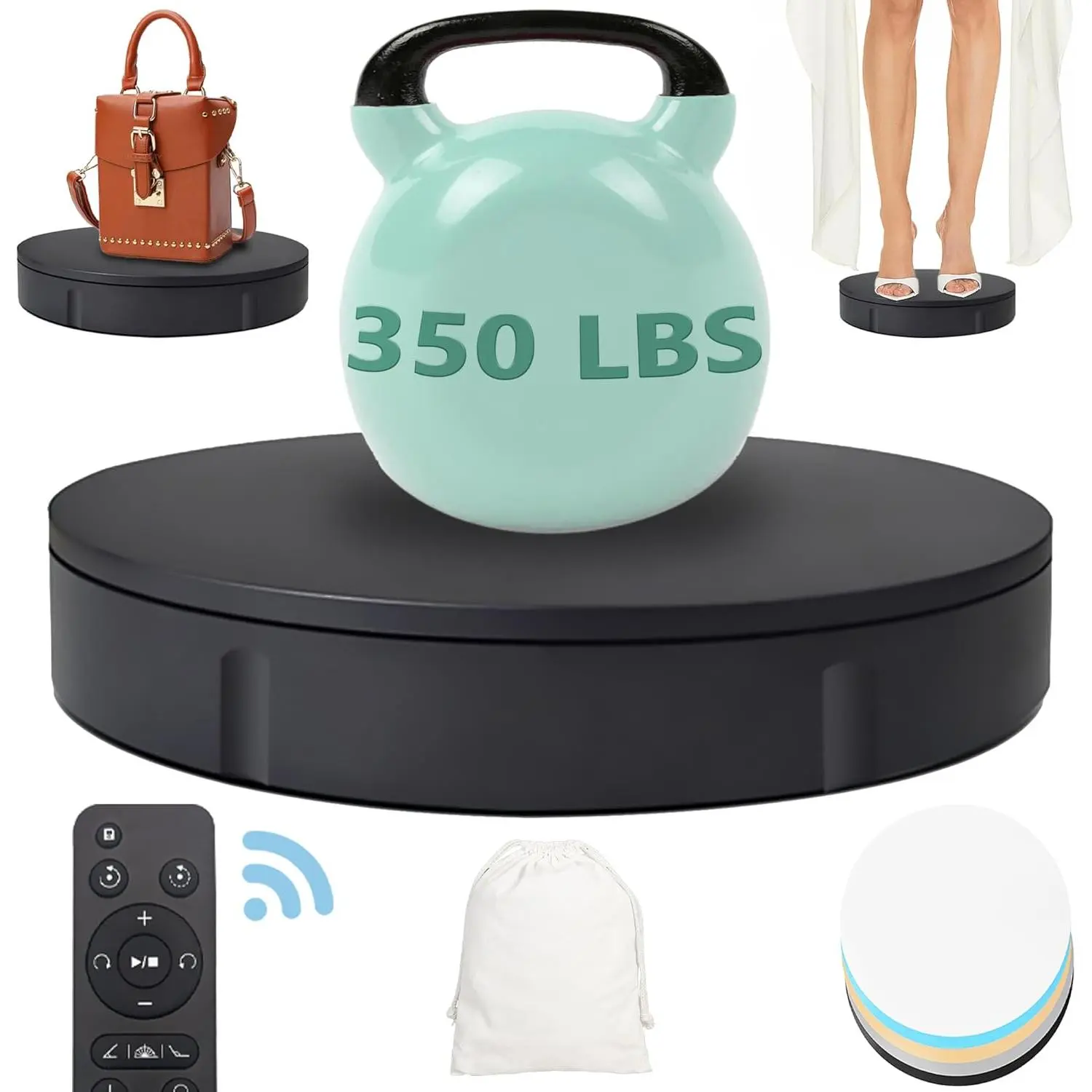 360 Degree Rotating Turntable 12 Inch, 350lbs Capacity for Photography, Heavy Duty, Automatic Remote Control Display Platform with 5 Colour Surface Covers and Carry Bag