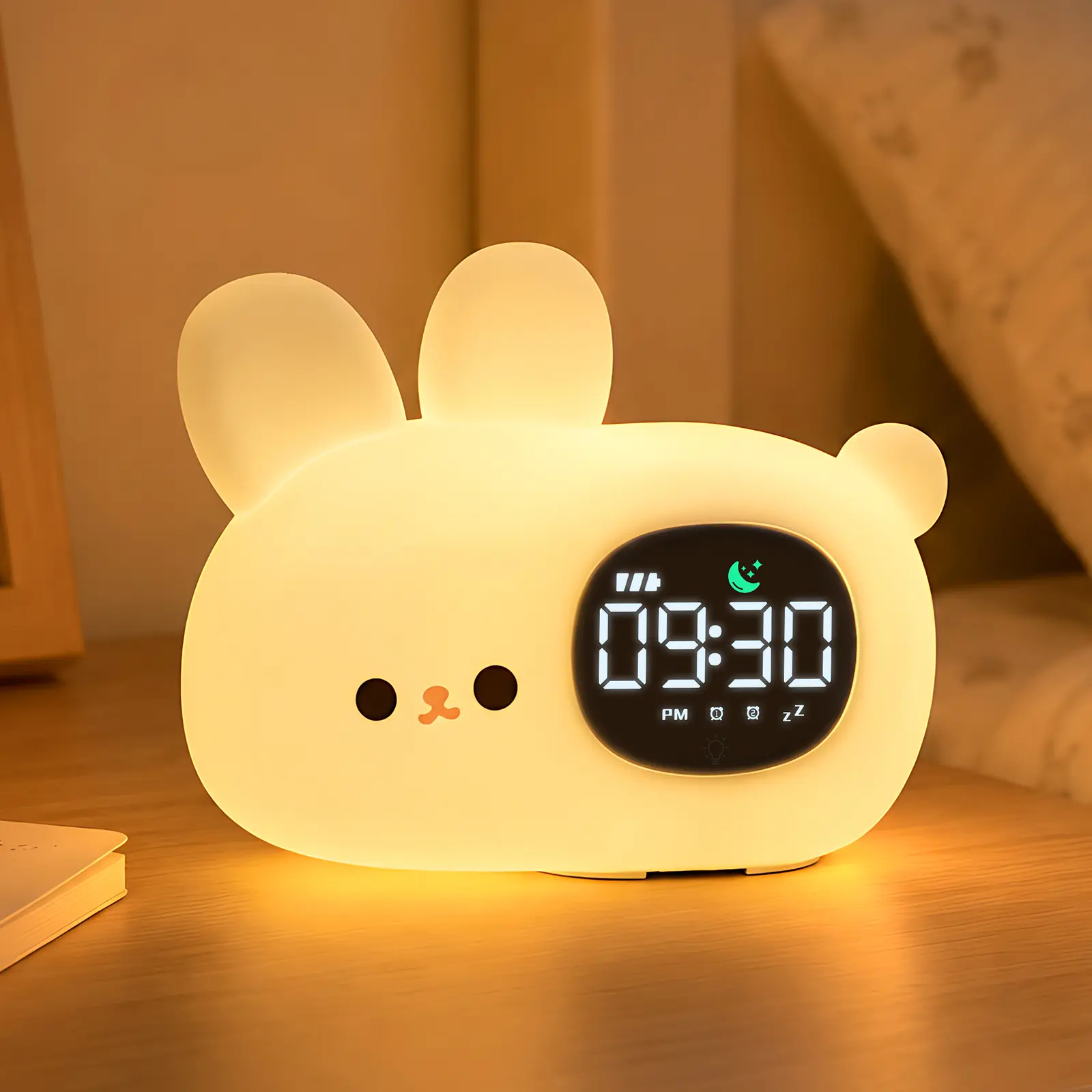Cute Rabbit Kids Alarm Night Light | 7 Colors，Touch Silicone Lamp, Dual Alarm & Snooze,5 Alarm Tones, Rechargeable Nursery Sleep Lamp, Kids Birthday Gift