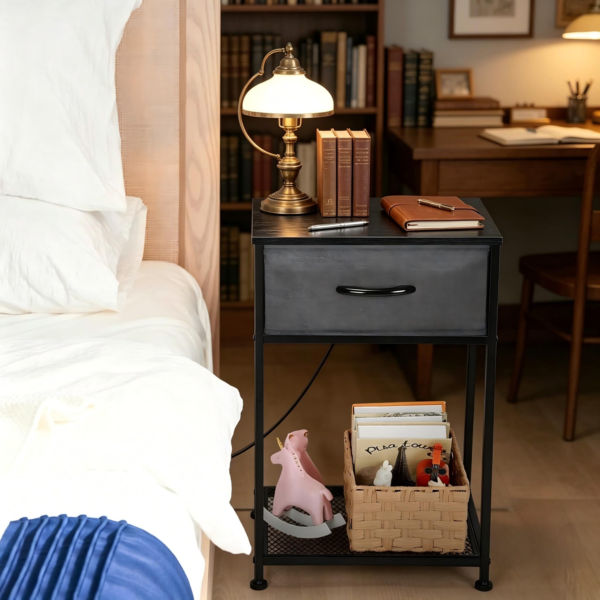 Black Nightstand with Charging Station, USB & AC Power Outlets, Fabric Drawer, Open Storage Shelf, Adjustable Legs – Multifunctional Bedside Cabinet for Bedroom, Living Room