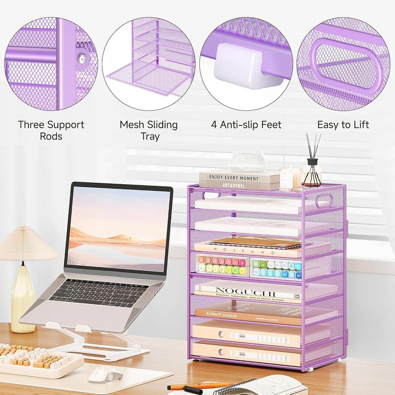 9 Tier Paper Letter Tray Desk Organizer with Handles - Purple Metal Mesh File Holder Paper Sorter Desk Organizer for Office  School, Include 6 count Adjustable Slid Tray, 6 Colors