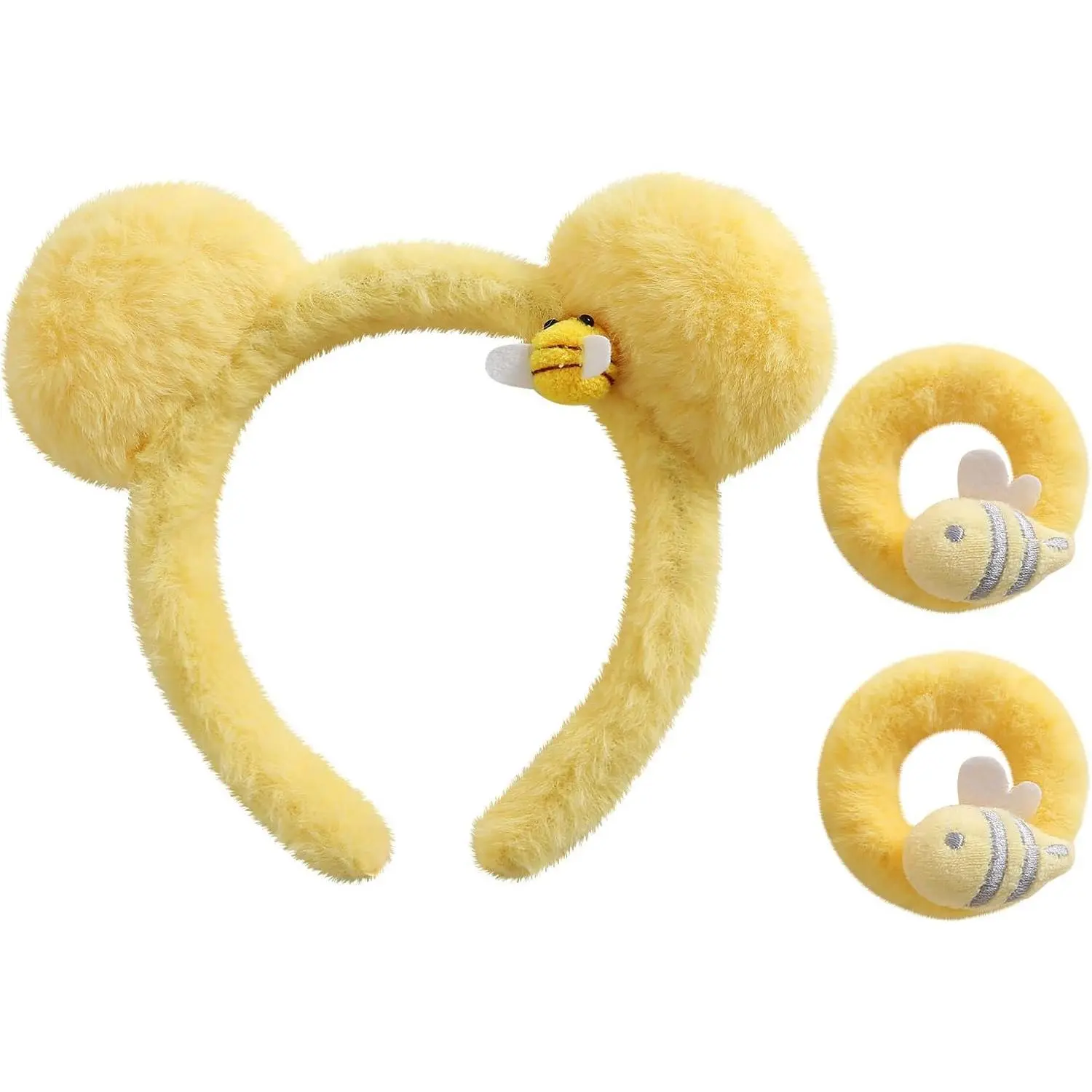 KF5-HBA178 Bear Ears Headband with 2PC Hair Ties Yellow Plush Bee Women Girls Costume Accessories