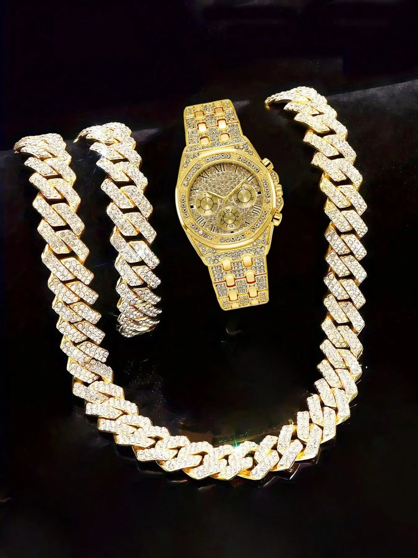 Luxury Rhinestone Bombshell Watch Set with Hip Hop Cross Necklace, Ring, Bracelet Combo, Fashionable Jewelry Set, Perfect Gift for All Seasons, Unisex Fashion Accessory