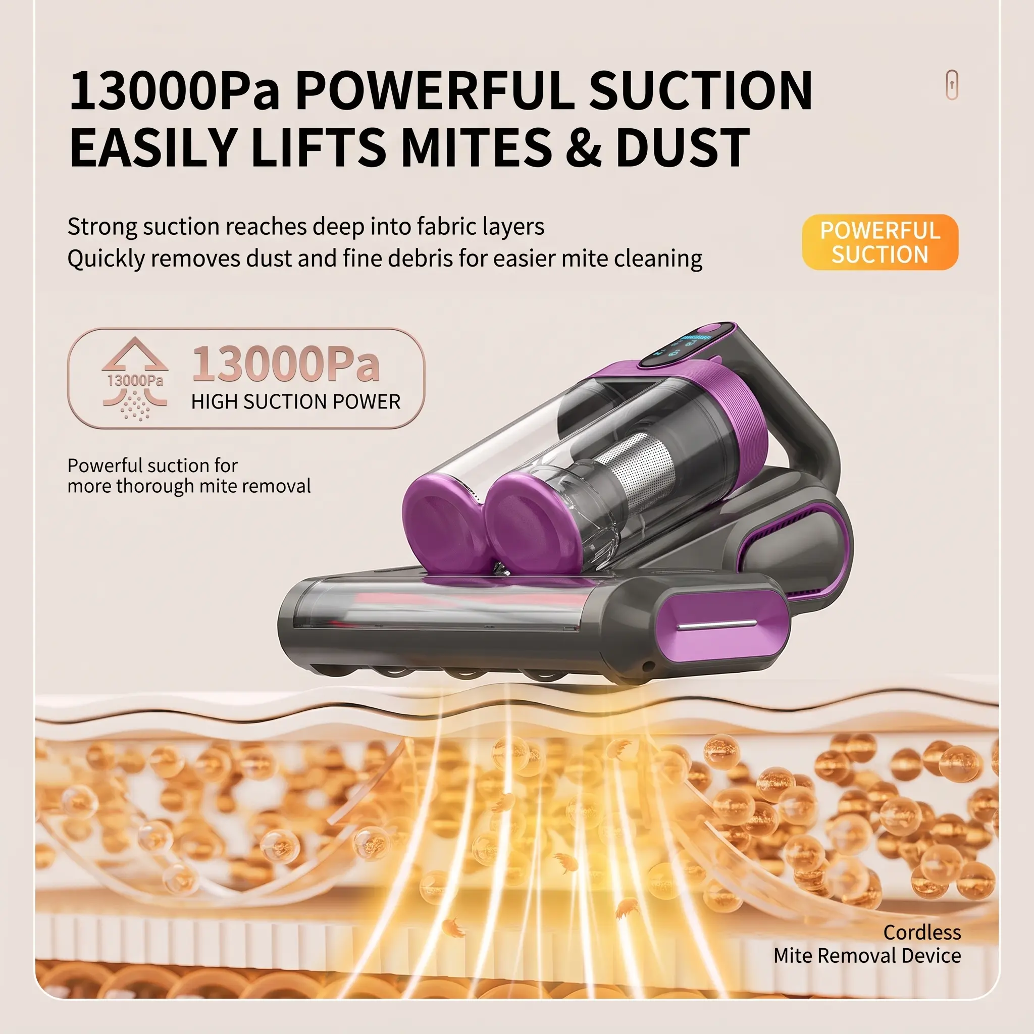 13KPa Strong Suction Mattress Vacuum Cleaner, Cordless Handheld Vacuum with 253.7nm UV-C Light, Ultrasonic Vibration & HEPA Filter, For Bed Sofa Crib, Gift for Family