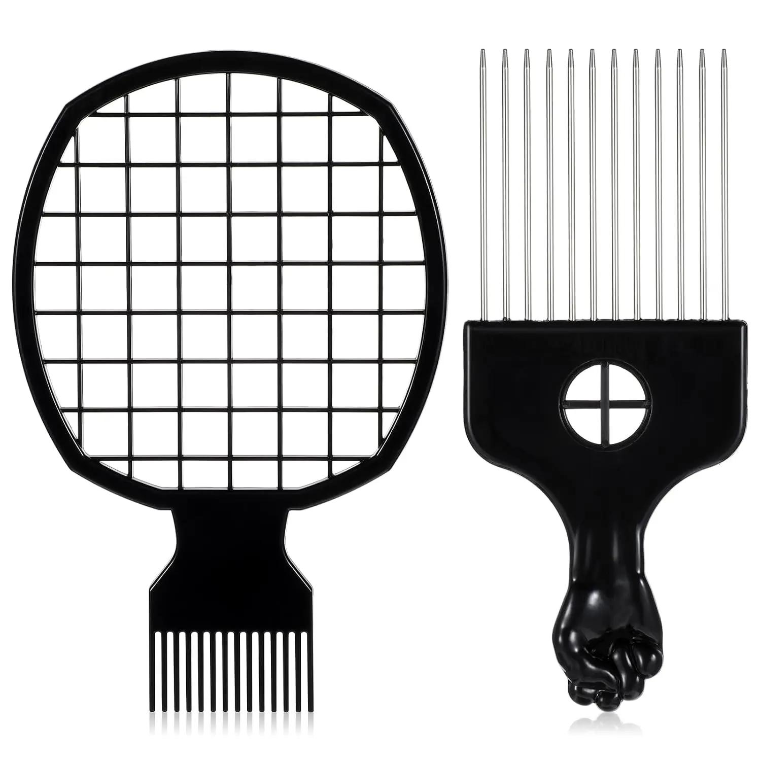 Men's 2-Piece Metal Afro Pick & Wig Braid Hair Racket Set - Detangling, Styling & Lifting Tool for Curly Black Hair