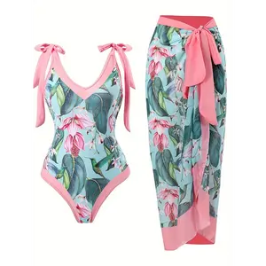 European And American Women's 2pcs Swimsuit, Slim With High Elastic Fabric, Floral Print Lace-up Design, Fashionable Beach Wear, Suitable For All Seasons