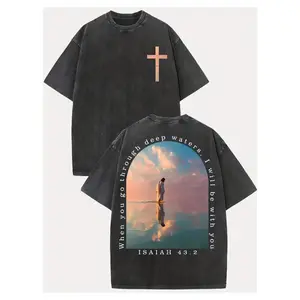 Cross & Isaiah Verse Design 230g Washed Cotton T-Shirt Retro Streetwear Double-Sided Print Pattern Men's T-Shirt Distressed Summer Wear Drop-Shoulder y2k,Vintage,Streetwear Christmas heavyweight pure cotton t-shirt