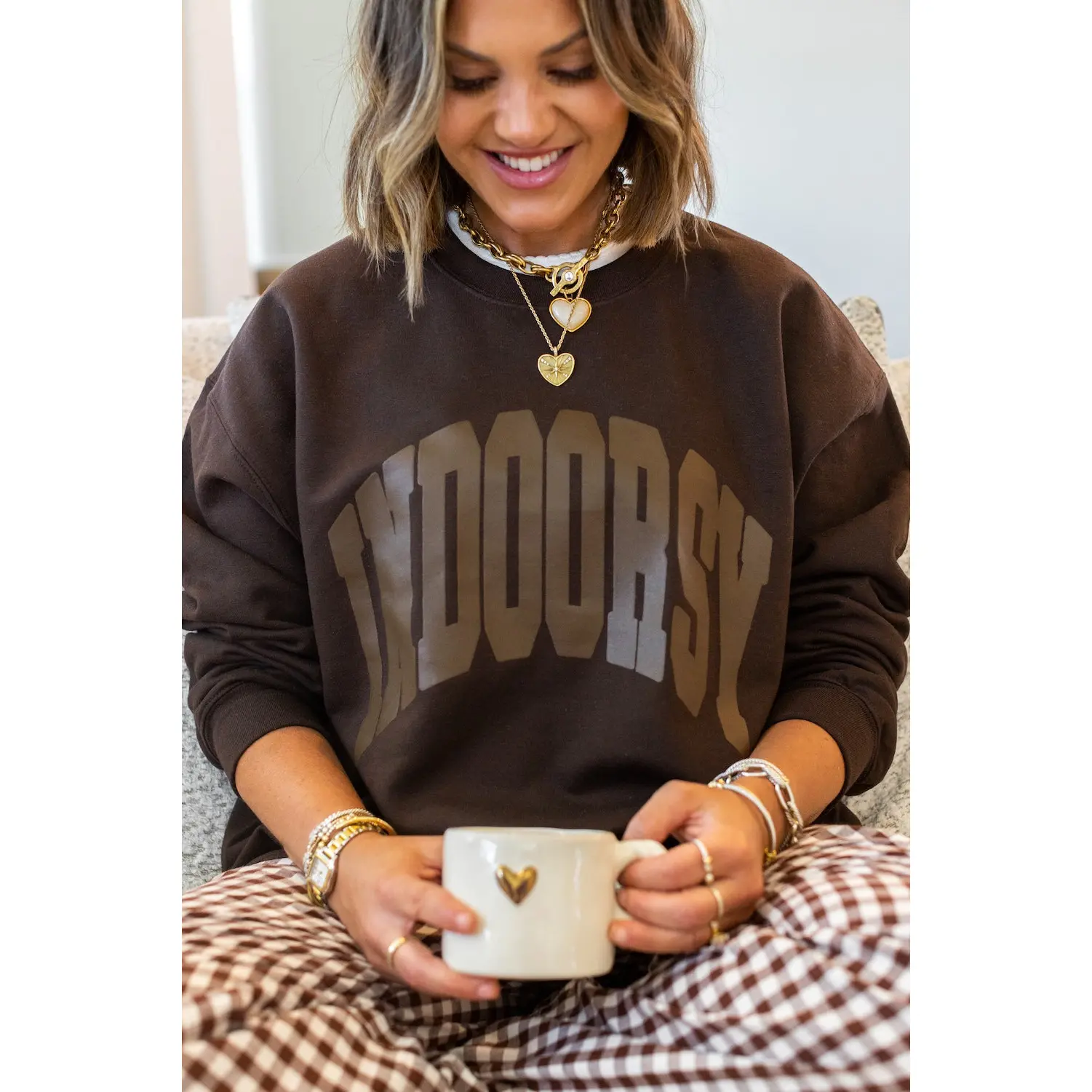3D PUFF 'Indoorsy' Crewneck Sweatshirt, Monochrome Brown Chocolate Oversized Fit, Casual Homebody Tops