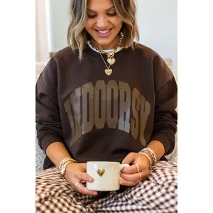 3D PUFF 'Indoorsy' Crewneck Sweatshirt, Monochrome Brown Chocolate Oversized Fit, Casual Homebody Tops