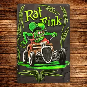 Vintage Rat Fink Hot Rod Aluminum Wall Art - Perfect for Garage & for Man Cave Decor, Retro Style Metal Sign, Pre-Drilled for Easy Hanging, Ideal Christmas Gift, 8x12 Inches, Christmas Decor