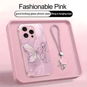 Fairycore Butterfly Phone Case – Elegant Floral Pearl Cover with Lanyard for iPhone 16 Pro-975