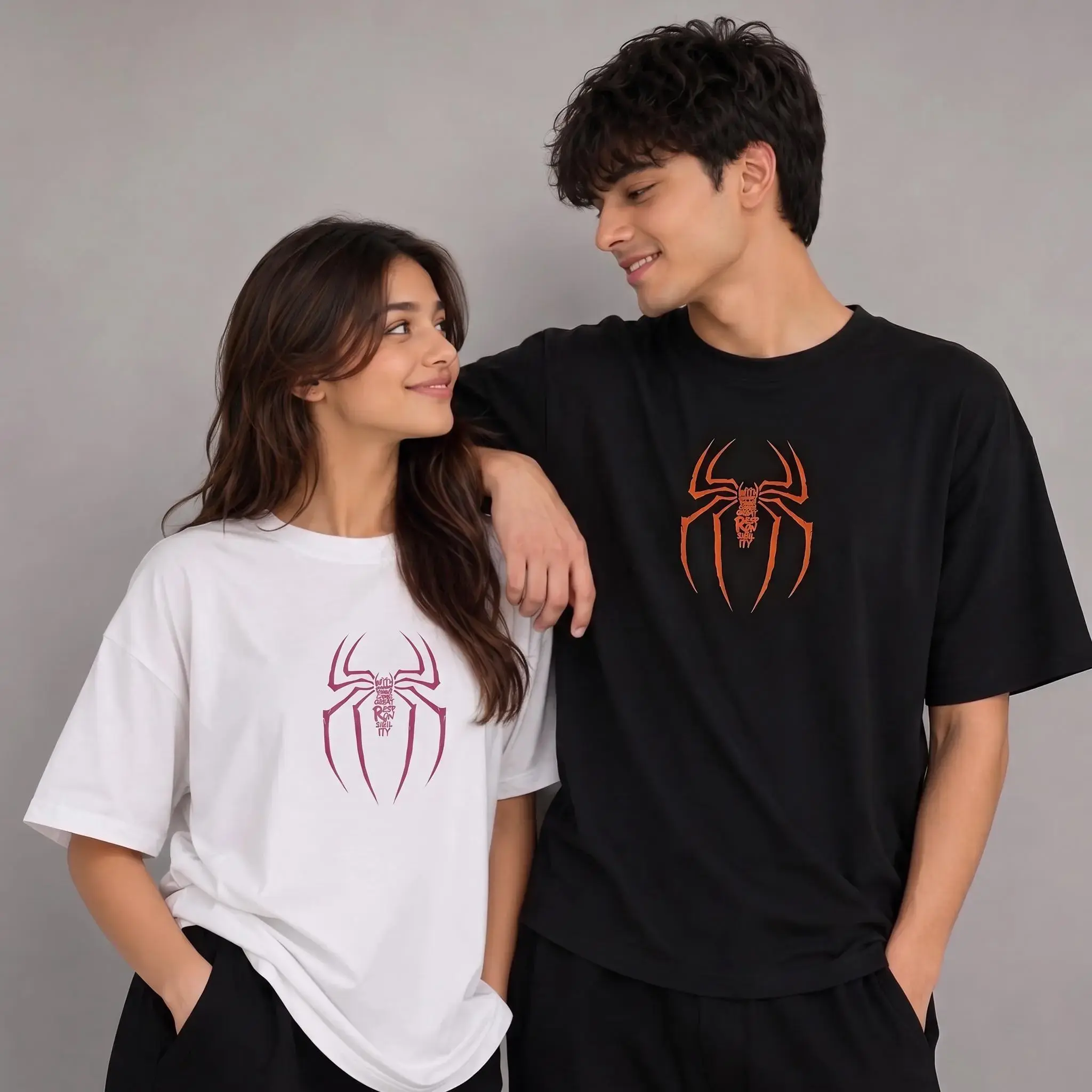 New Day Spidey Couple Shirt, Retro Spider Web Matching Couples T-Shirt, Halloween Ghost Costume Graphic Tee, Boyfriend Girlfriend Cute Matching Outfits, Oversized Superhero Graphic Streetwear Top