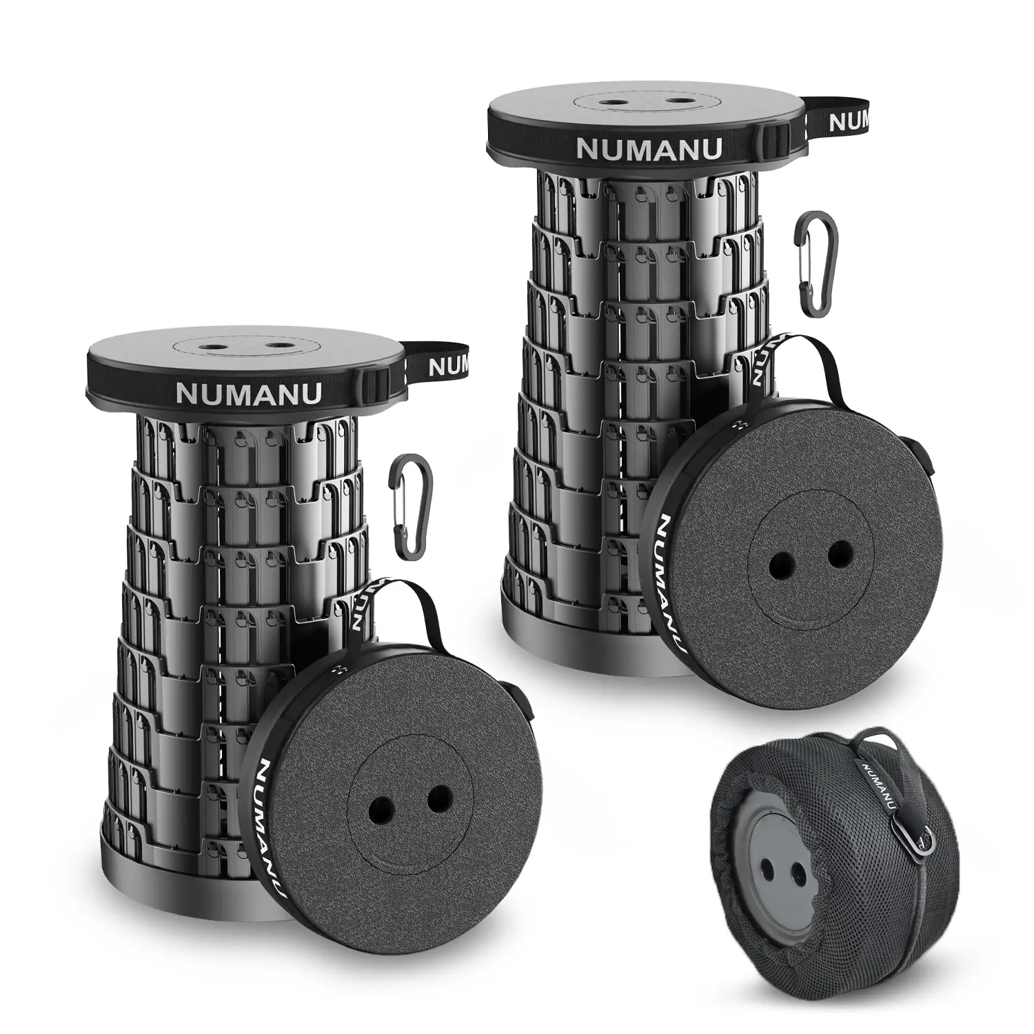 2-Pack 2026 Upgraded Collapsible Stools w/ Dual Carry Bag & Clips, Max Weight 620lbs, Height Adjustable Retractable Telescopic Seat, Portable Travel Chair.