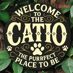 2D Flat, Vintage Cat-Themed Welcome Sign   "Welcome to the CATIO The Purrfect Place to Be" Black & Golden Retro Metal Decoration - 7. 8x7.8 Inch Indoor/Outdoor Housewarming or Pet Store Decor Gift for Cat Lovers  Durable Home Decoration, design Plaque