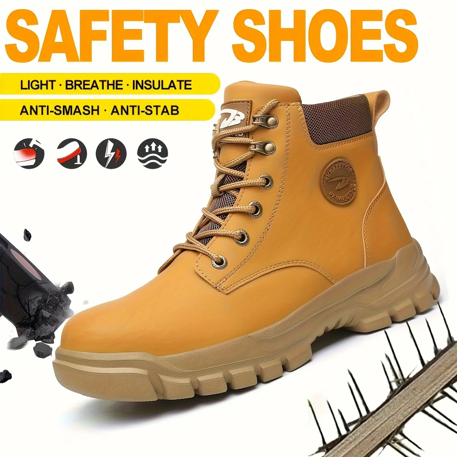 Men's Solid Color Classic High Top Plain Toe Safety Boots, Comfy Non-Slip Durable Lace Up Work Shoes, Anti-Smashing & Anti-Stab Features