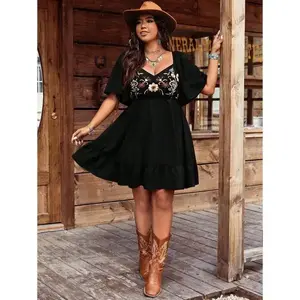New Plus Size Women Bohemian Style Embroidered Square Collar Large Ruffle Sleeve Dress Casual WomenswearRAIMENTRY