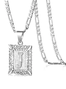 Initials pendant necklace for men and women, 14K gold plated square capital initials necklace, Figaro chain jewelry gift, Trendy necklace