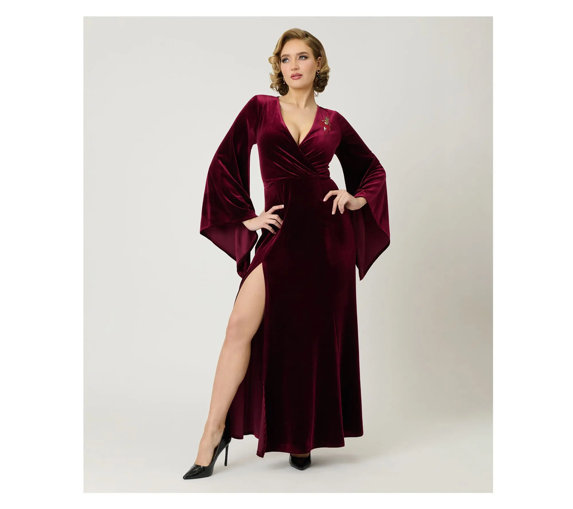 Elvira x Unique Vintage Burgundy Dagger Velvet Maxi Dress