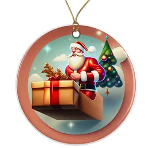 Santa in Box Ornament, Xmas Tree Holiday Decor, Festive Christmas Keepsake, Santa Claus Ornament Gift Idea Ceramic Ornament - 3 Inch Christmas Tree Round Ornament - Xmas Holiday Decor - String Included - ORNW0215