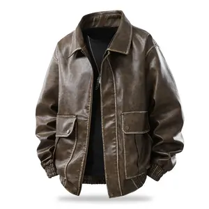 Vintage Casual Bomber Motorcycle Fashion Business Distressed Faux Leather Jacket for Men - Stylish & Durable