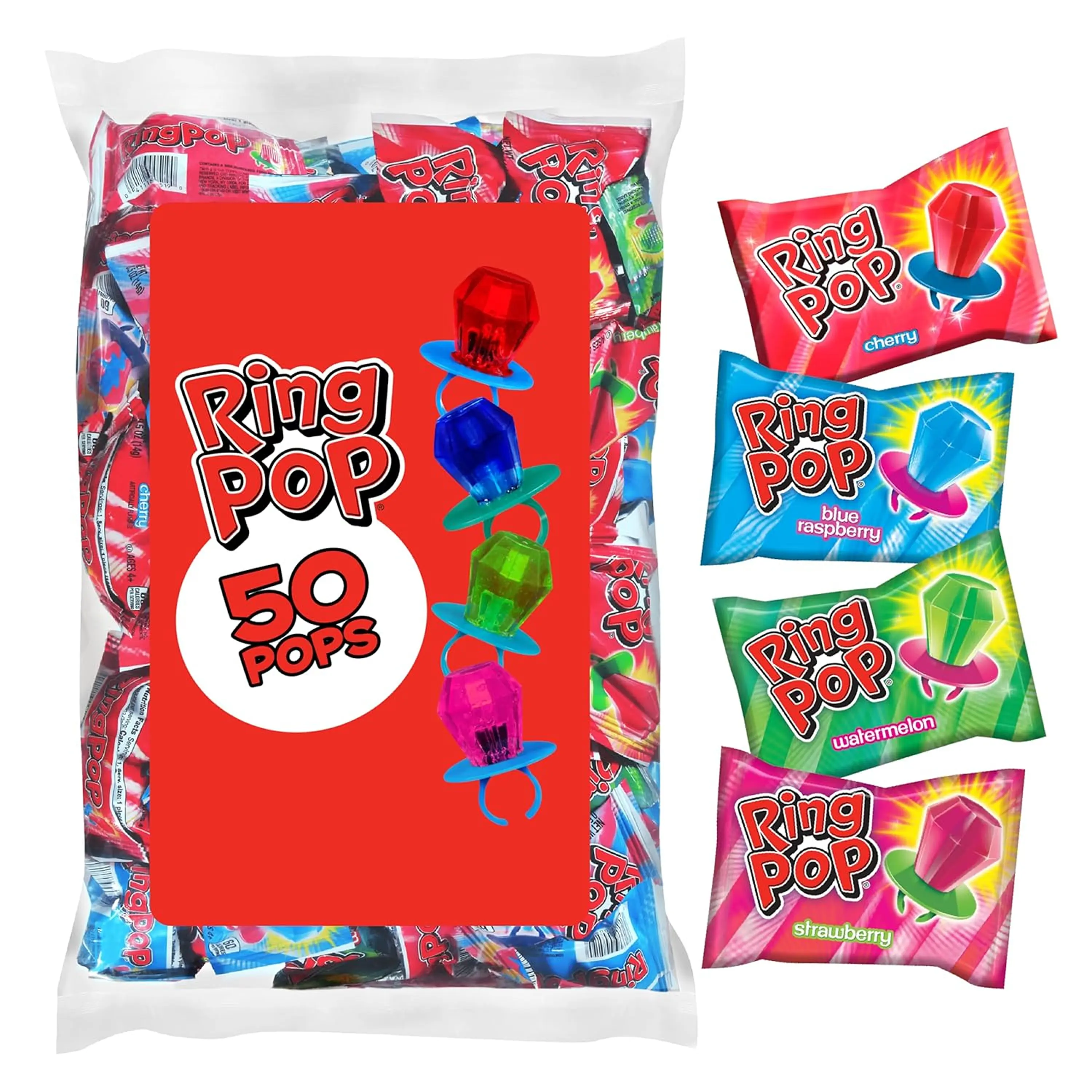 Ring Pop Prepackaged Lollipops - Large Bulk Bag, Assorted Flavors Lollipops with Strawberry, 50-Count Colorful Candy Pops Snack