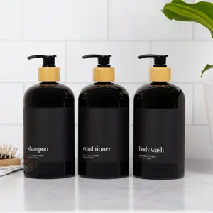 Heartland Lettering Manhattan Collection, Black Shower Dispenser Bottles with Glossy Black & Black Matte Label - Shampoo and Conditioner Soap Dispensers Minimalist Set soap dispenser water bottle girl despenser Waterproof PET plastic