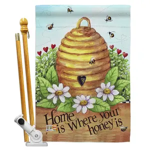 212 MAIN BD-BG-HS-104083-IP-BO-D-US16-AL 28x40 in. Weather-Resistant Bee Hive Vertical Double-Sided House Flag Set with Pole Bracket Hardware for Home Garden (Friends, Bugs & Frogs Impressions)