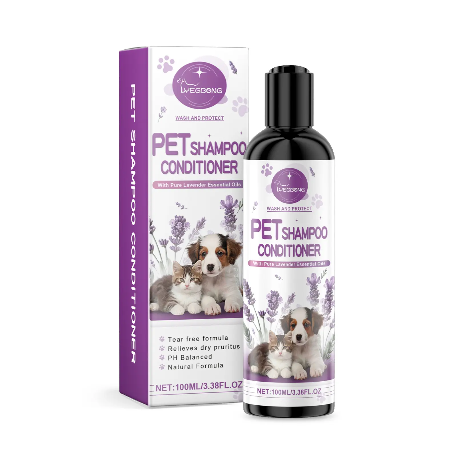 Yegbong Natural Liquid Pet Shampoo for Cats & Dogs, 100ml Lavender Formula with Coconut Oil & Lemon Extract, Gentle Deep Cleaning, Tear-Free, pH-Balanced, Odor Control, Light Scent, Hair Smoothing Support
