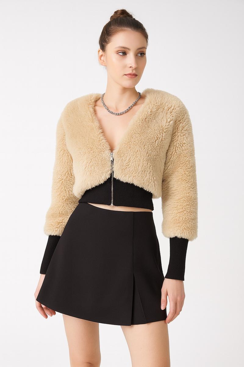 Women's Fashion Spliced Wool Short Jacket Comfortable Long Sleeve Style Outerwear Polyester Casual Thick Garment Womenswear Coats Soft Tops