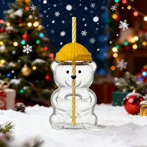 Straw-beary barista Glass Bear Cup with Adorable Pink Lid and Striped Straw
