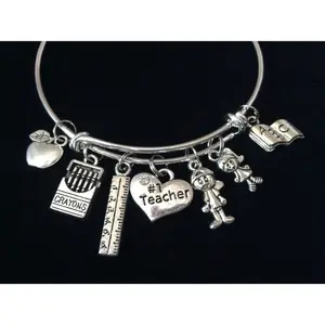 Teacher Gift Expandable Charm Bracelet Silver Adjustable Bangle Crayons Ruler Children Kids Apple