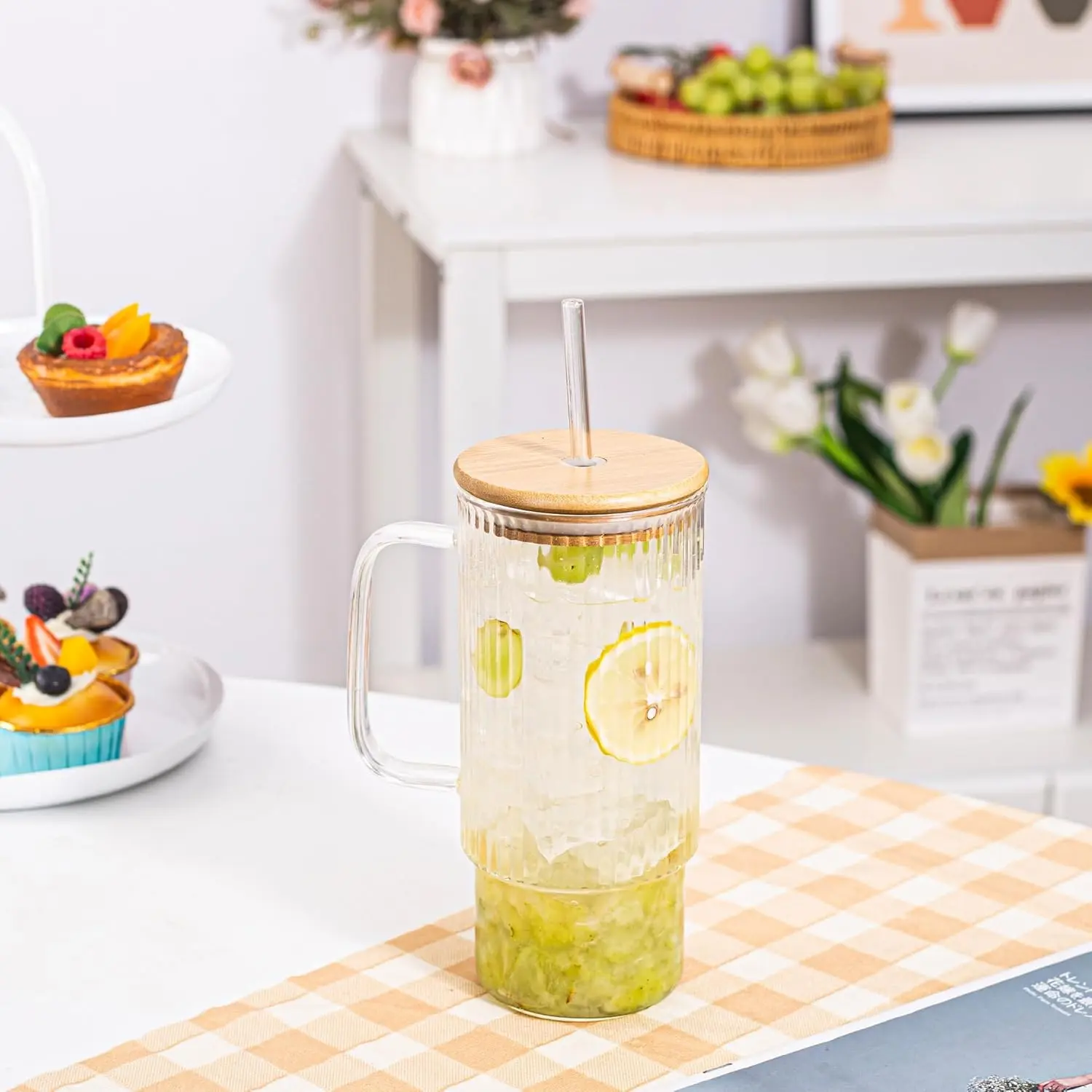 32oz Ribbed Glass Cup with Handle Lid and Straw, Glass Tumbler, Iced Coffee  Cups Hot/Cold Drinks - TikTok Shop
