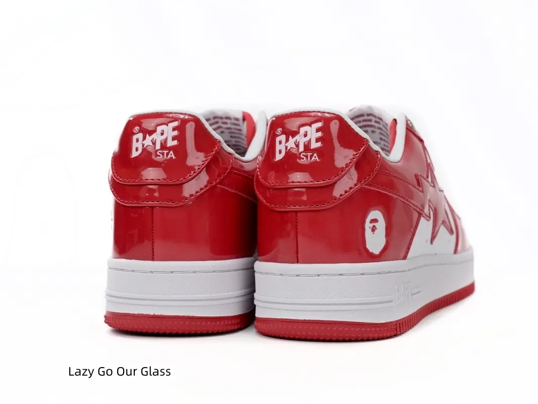 Trendy Classic White Red Glossy Patent Leather Low Top Flat Casual Sneakers, Eye-Catching Matching Red Stitched Star Side Logo, Adjustable White Flat Laces, Comfort Padded Inner Collar, White Breathable Lining, Non-Slip D
