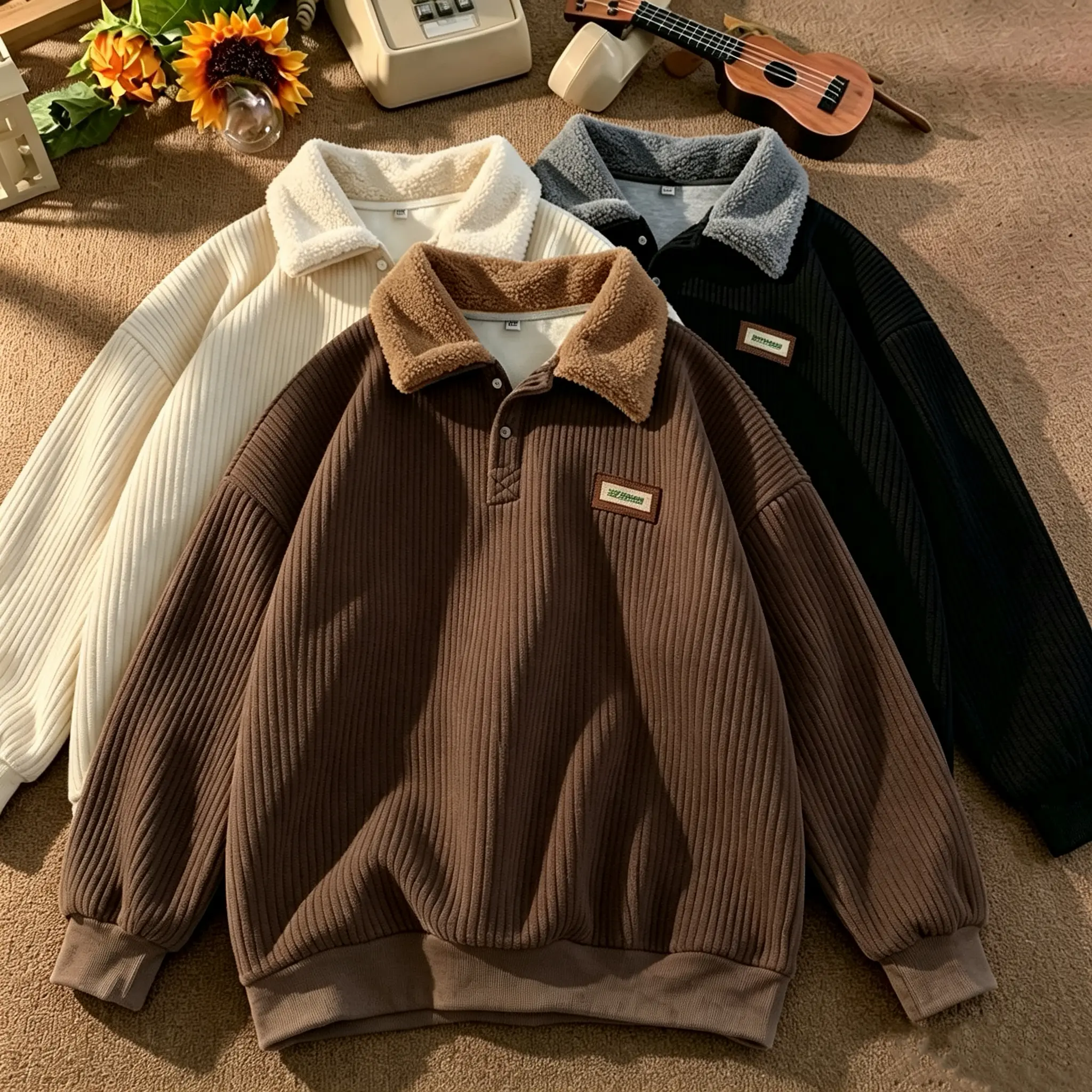 2026 NEW Corduroy Polo collar sweater couple autumn and winter style plus velvet thickened simple fashion lamb wool coat Comfort Long Sleeve